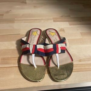 Gucci sandals gold and red , blue sz 7 can fit 6.5 worn once !! Must go !!